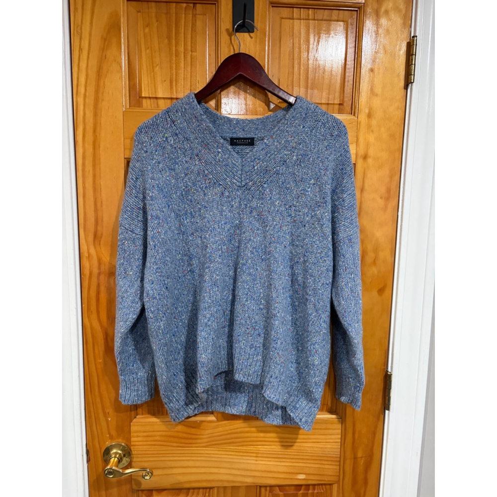 MACPHEE Tomorrowland Blue Speckled Wool Silk Mohair Blend V-Neck Sweater Women’s